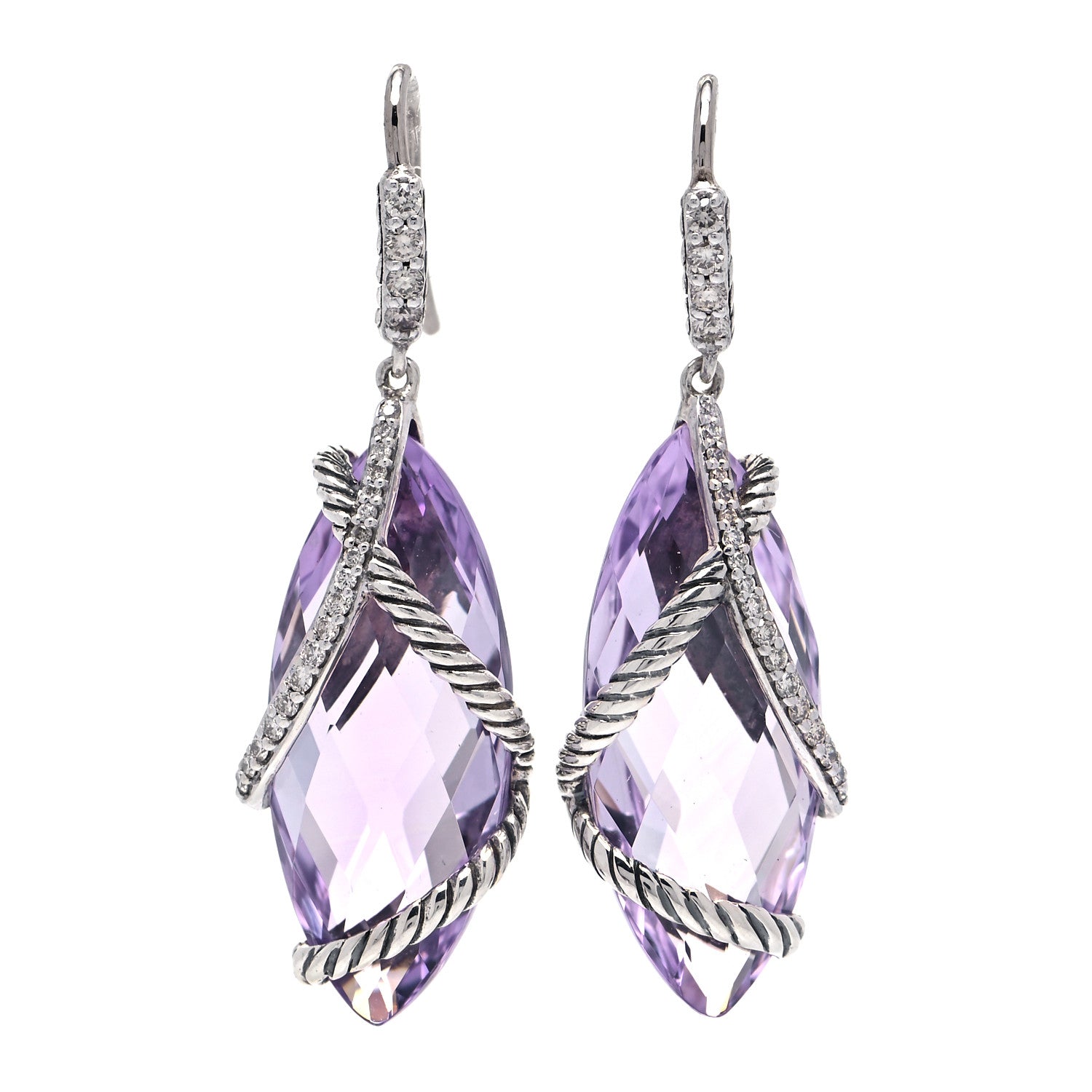 David Yurman Sterling Silver Diamond Amethyst Cable Wrap Drop Earrings 1 of 5