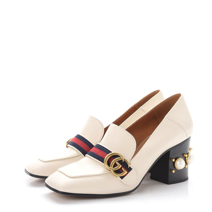 Gucci Calfskin Web Pearl Embellished Peyton Loafer Pumps 40 Ivory 3 of 12