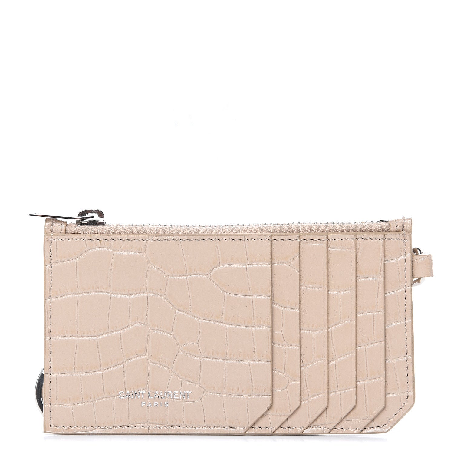 Saint Laurent Calfskin Crocodile Embossed 5 Fragments Zip Pouch Card Holder Beige 2 of 9