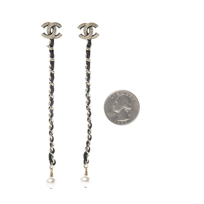Chanel Pearl Calfskin Chain Long Earrings Gold Black 2 of 5