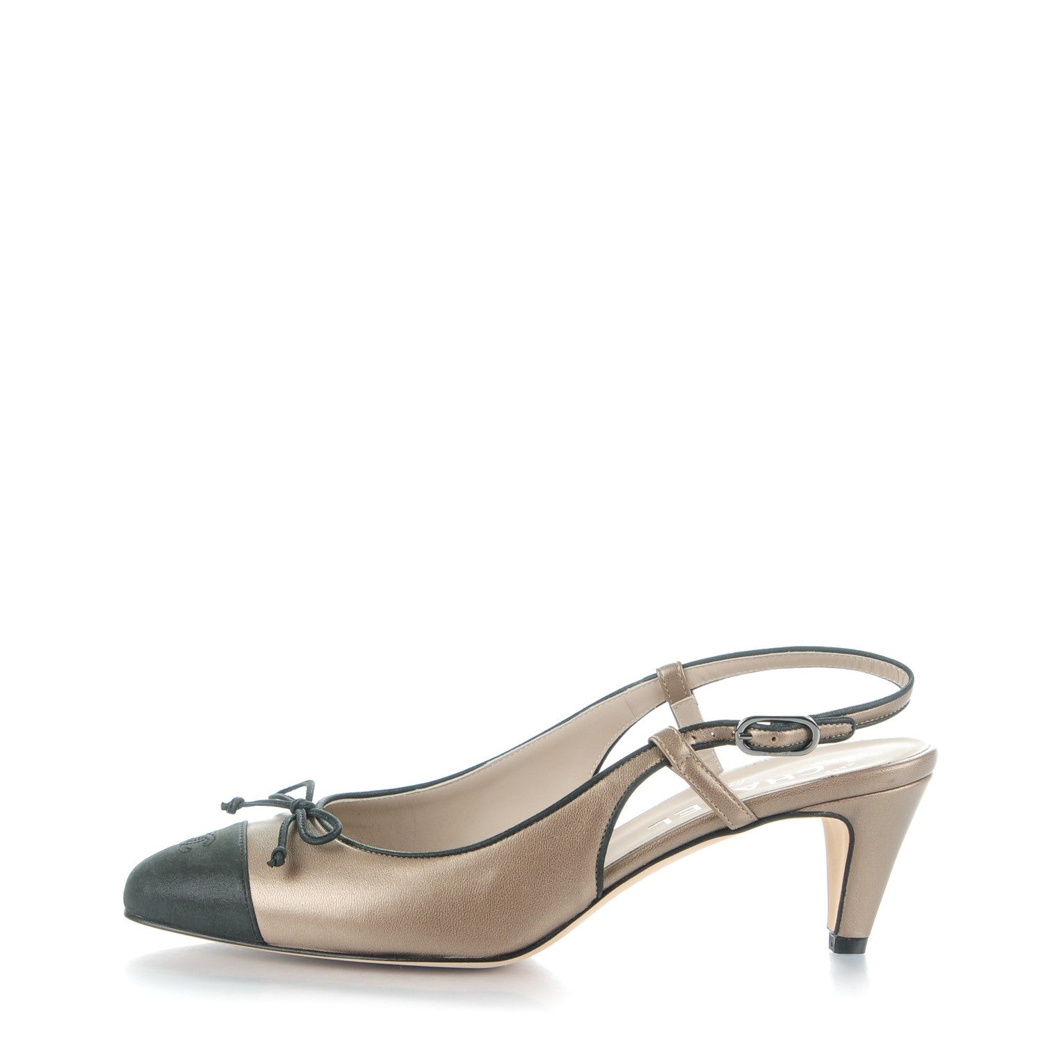 Chanel Metallic Lambskin Cap Toe CC Slingback Heels 38.5 Bronze Black 1 of 7