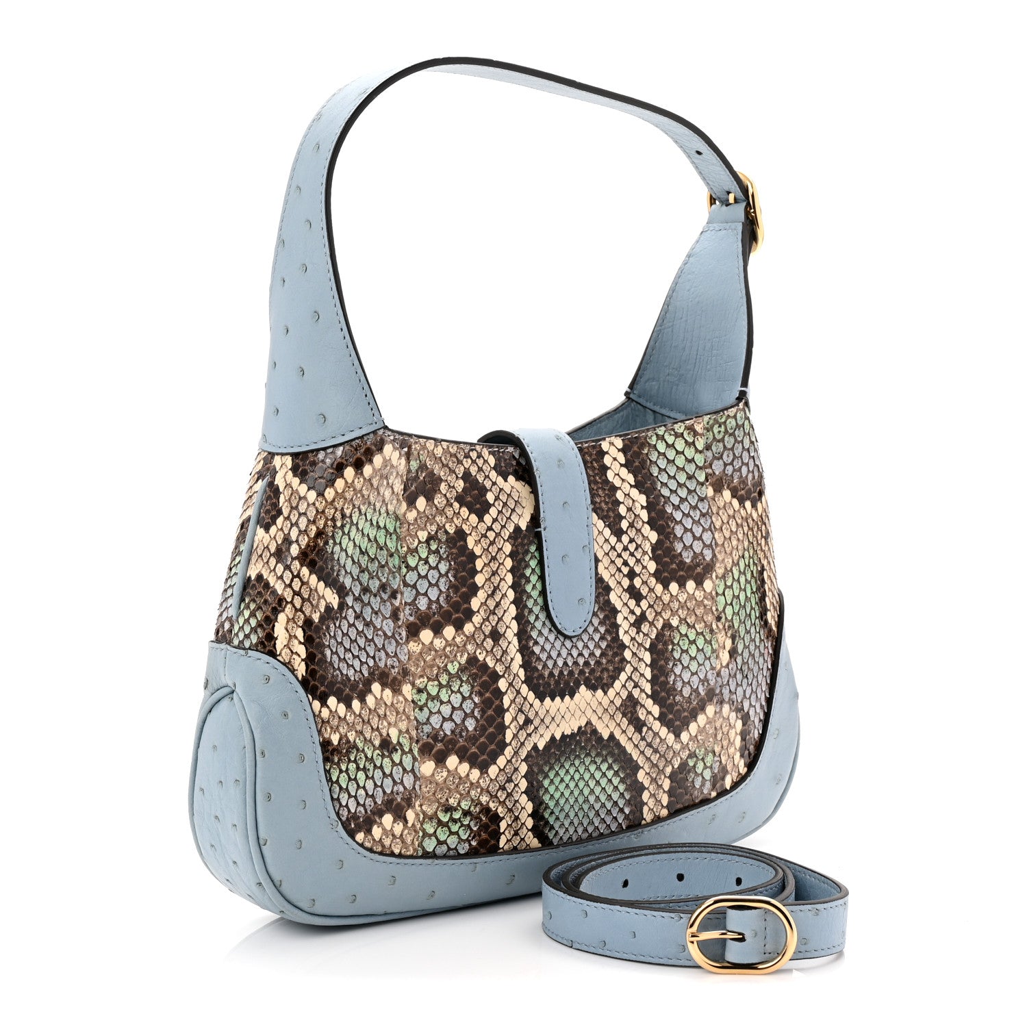 Gucci Snakeskin Ostrich Calfskin Small Jackie 1961 Hobo Blue Multicolor 3 of 10