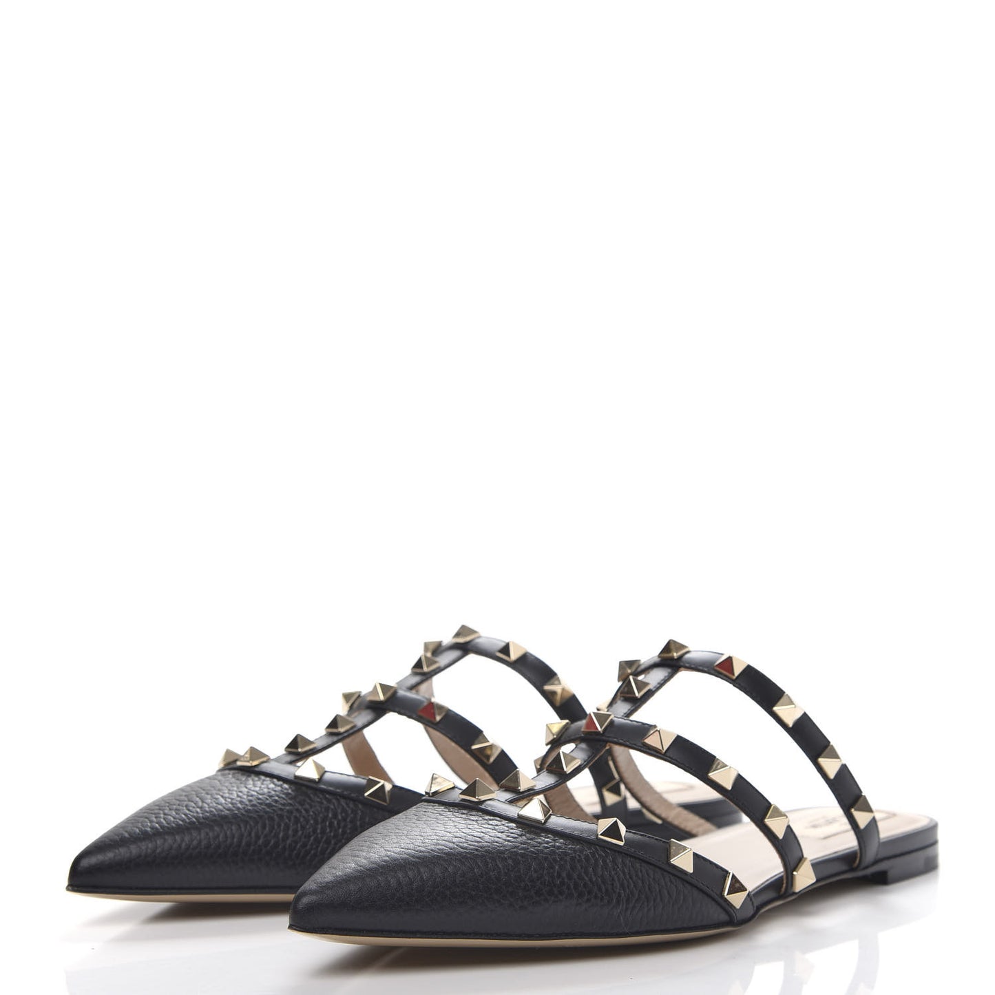 Pebbled Calfskin Rockstud Flat Cage Mules 38.5 Black
