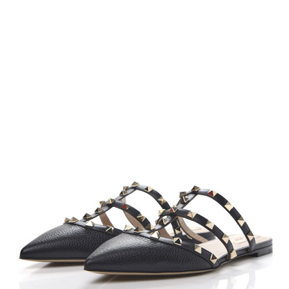 Valentino Garavani Pebbled Calfskin Rockstud Flat Cage Mules 38.5 Black 3 of 11