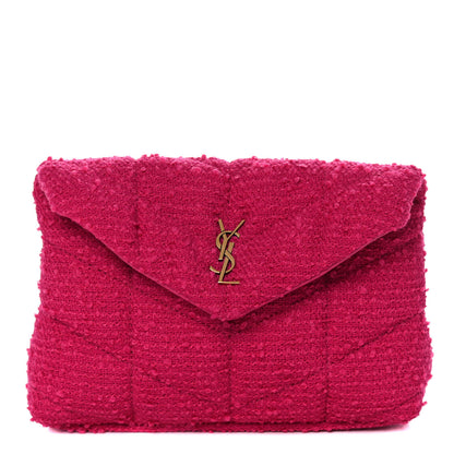 Saint Laurent Boucle Tweed Quilted Loulou Puffer Monogram Pouch Clutch Magenta 1 of 12