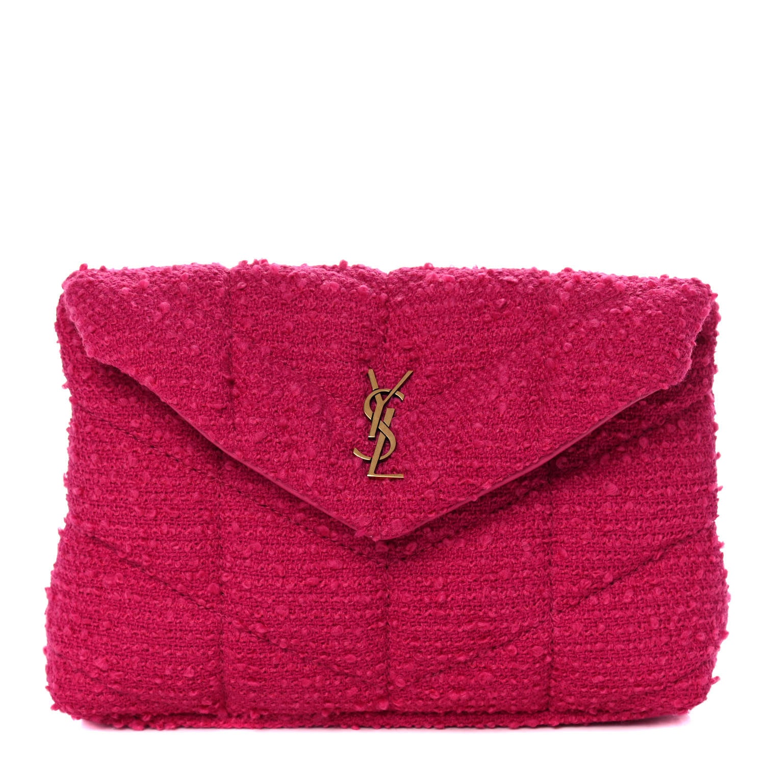 Saint Laurent Boucle Tweed Quilted Loulou Puffer Monogram Pouch Clutch Magenta 1 of 12