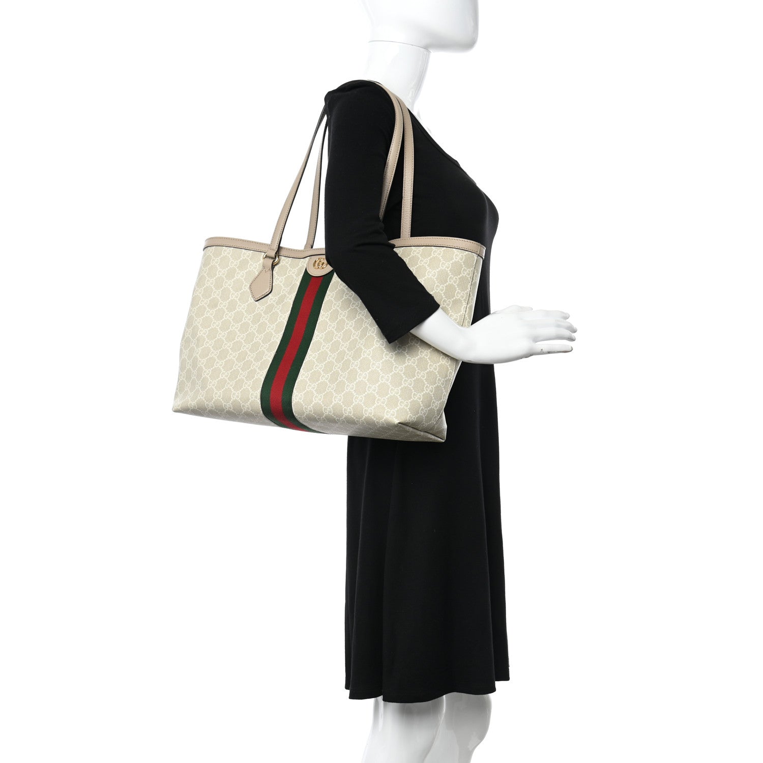 Gucci GG Supreme Monogram Textured Dollar Calfskin Web Medium Ophidia Shopping Tote Beige Mystic White Oatmeal 2 of 10