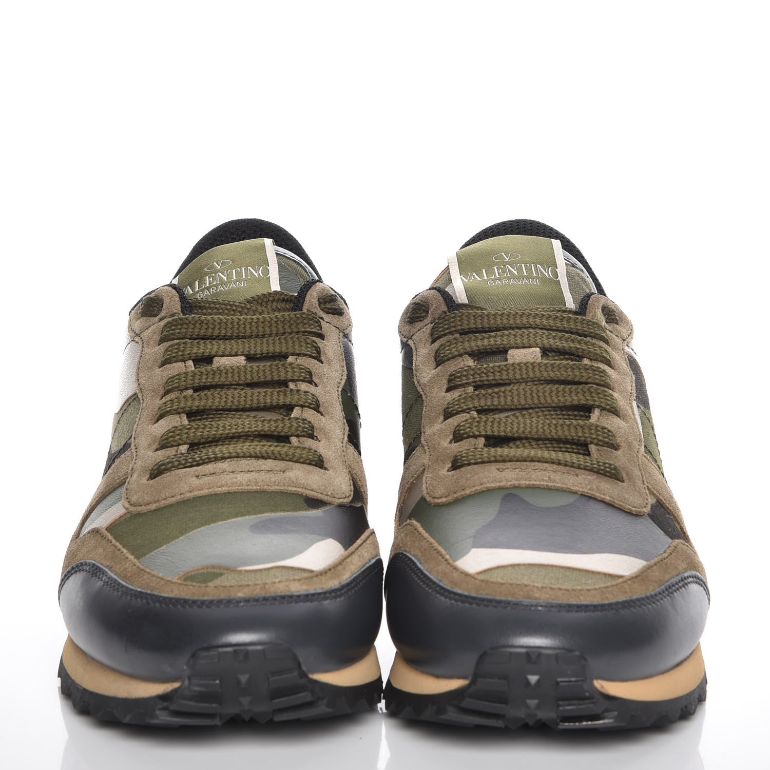 Valentino Garavani Nappa Fabric Suede Camouflage Womens Rockrunner Sneakers 36.5 Kaki Platine 2 of 8