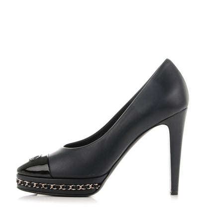 Chanel Calfskin Patent CC Cap Toe Platform Chain Pumps 36 Navy Black 1 of 9