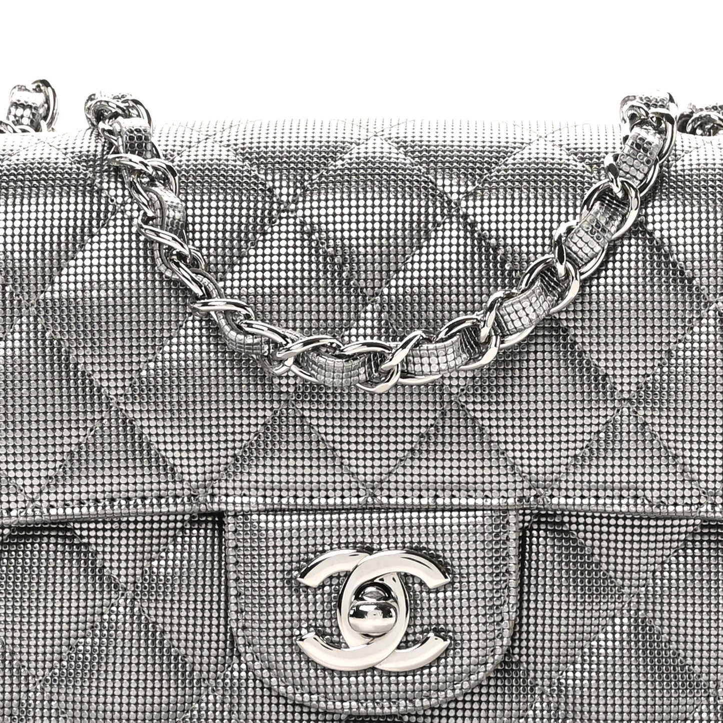Metallic Calfskin Quilted Pixel Effect Mini Rectangular Flap Dark Silver