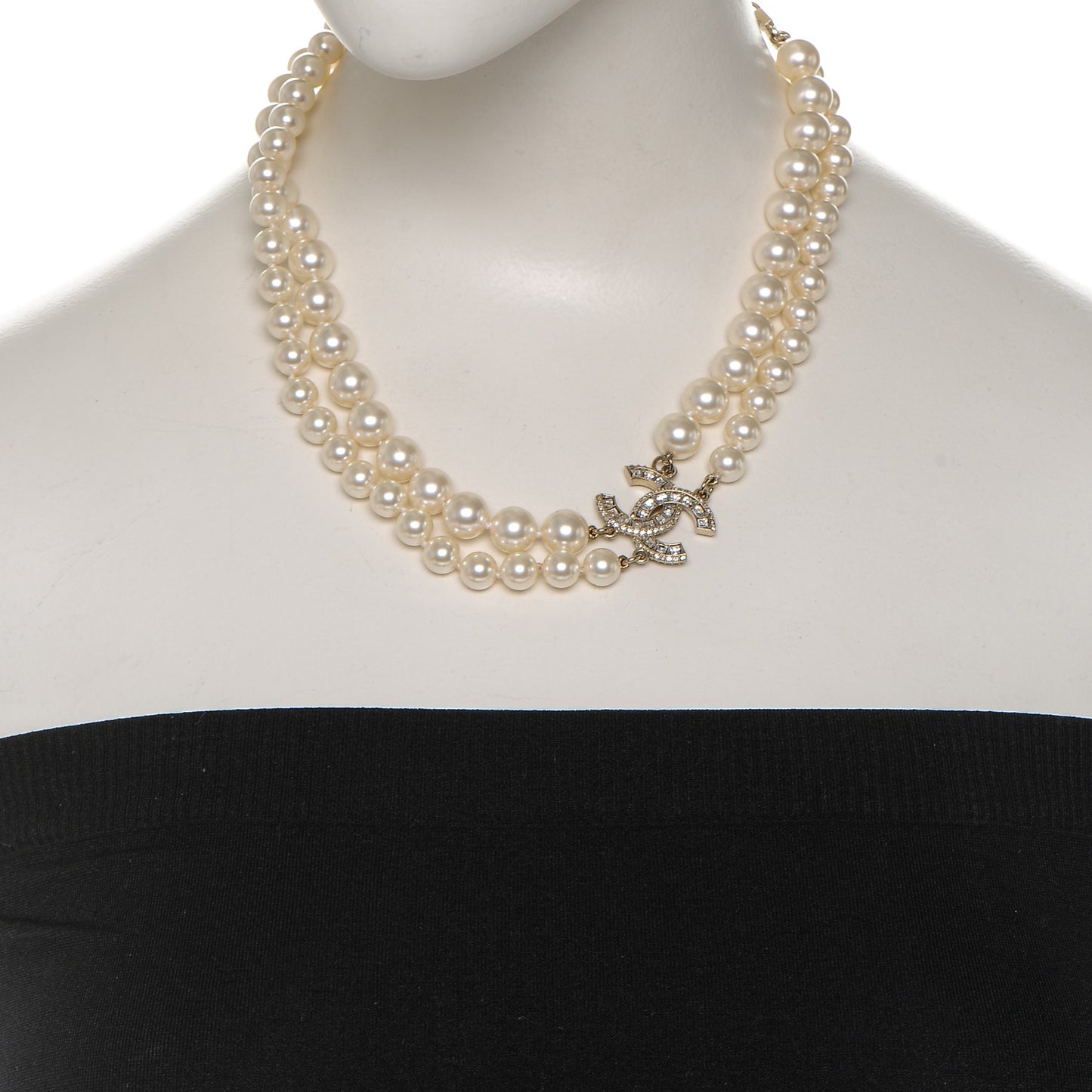 Baguette Crystal Pearl CC Double Strand Necklace Gold