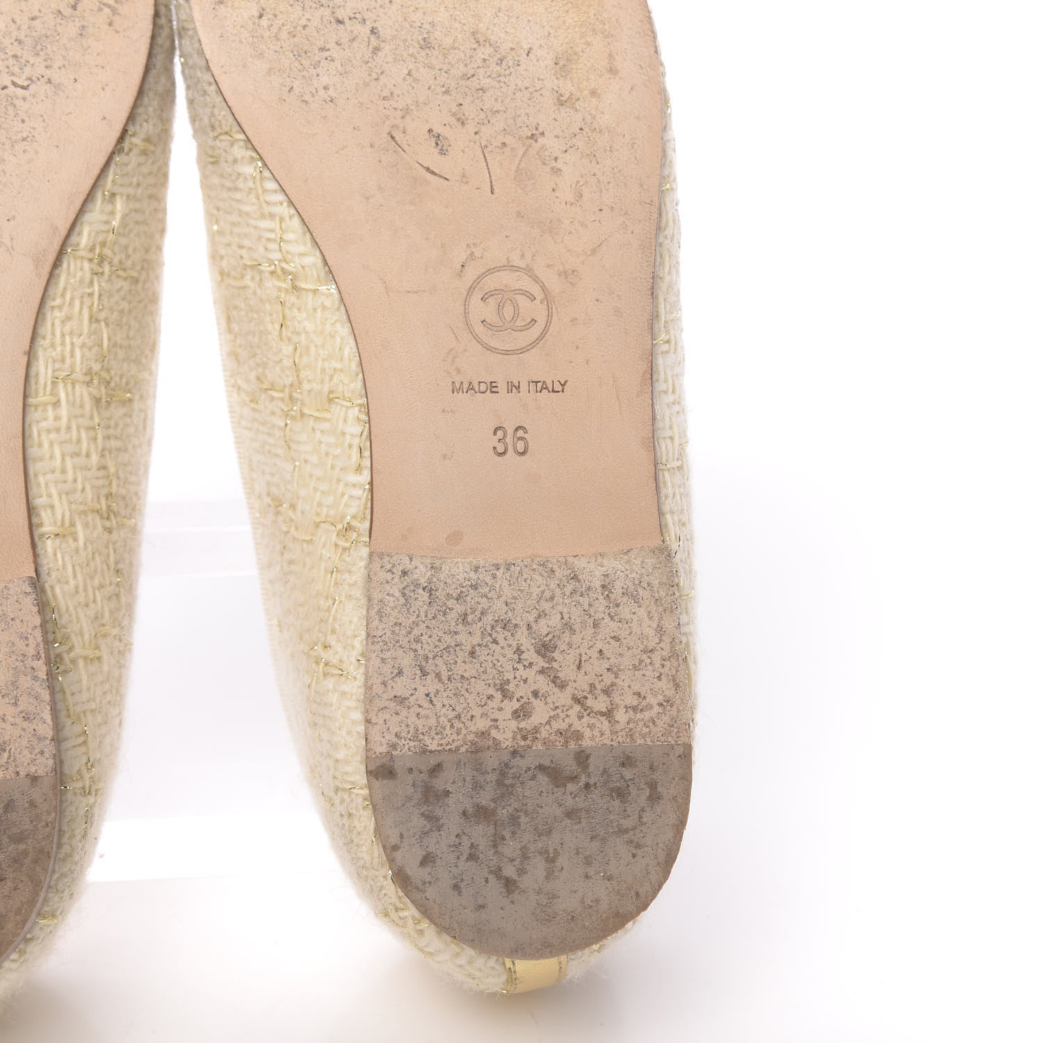 Chanel Tweed Metallic Lambskin CC Cap Toe Ballerina Flats 36 Beige Gold 10 of 12