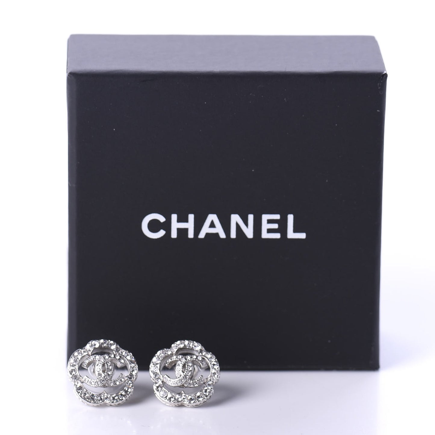 Crystal Coco Flapper Camellia CC Stud Earrings Silver