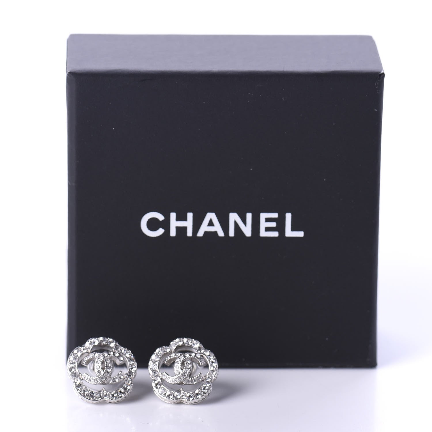 Chanel Crystal Coco Flapper Camellia CC Stud Earrings Silver 5 of 5