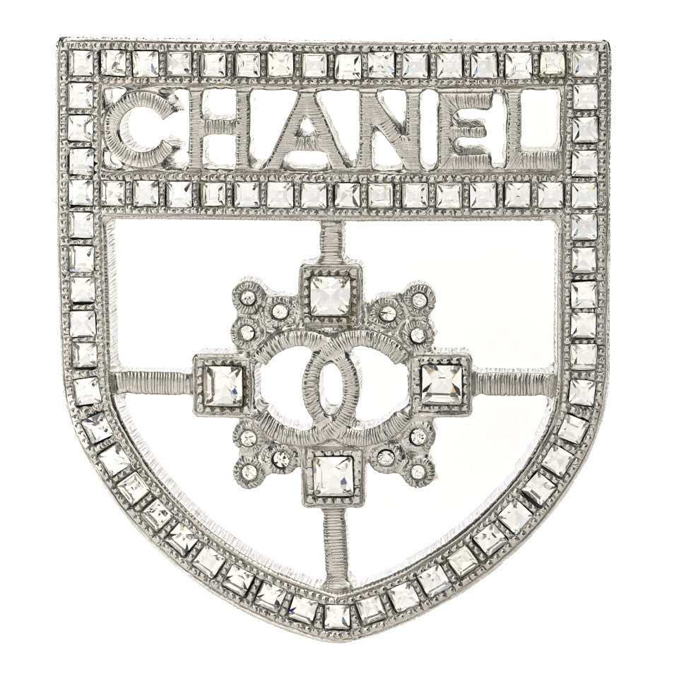 Chanel Swarovski Baguette Crystal CC Shield Brooch Silver 1 of 3