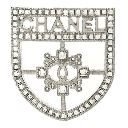 Chanel Swarovski Baguette Crystal CC Shield Brooch Silver 1 of 3