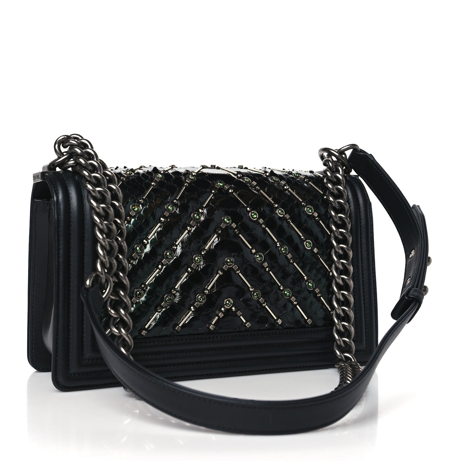 Chanel Lambskin Embroidered Python Chevron Medium Boy Flap Black Green 3 of 10