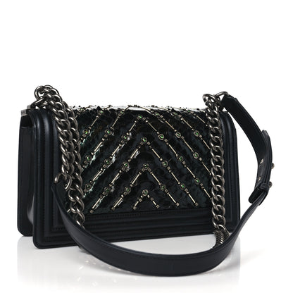 Chanel Lambskin Embroidered Python Chevron Medium Boy Flap Black Green 3 of 10
