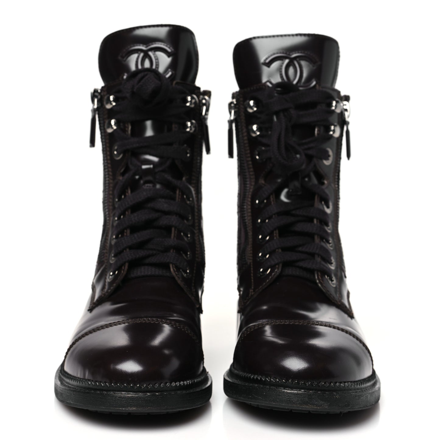 Shiny Calfskin Quilted CC Lace Up Combat Boots 38 Dark Burgundy