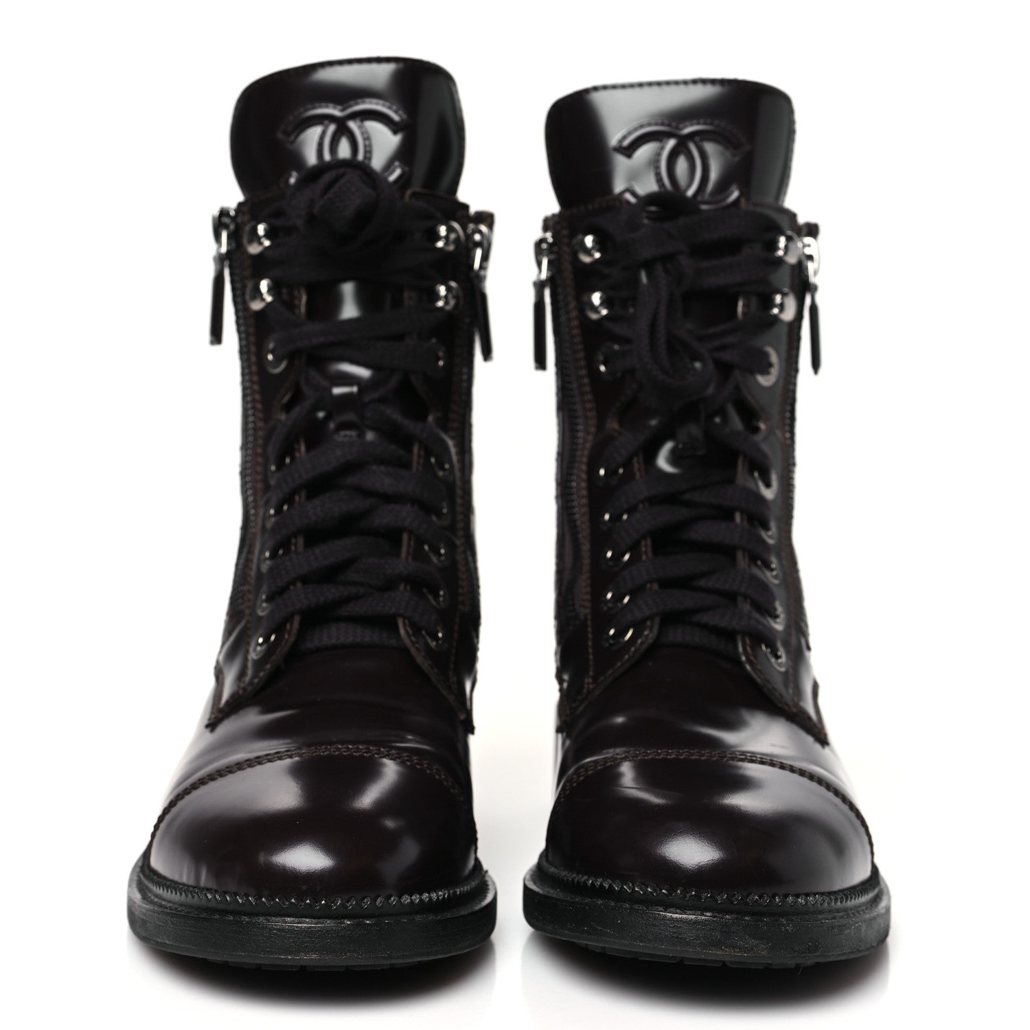 Chanel Shiny Calfskin Quilted CC Lace Up Combat Boots 38 Dark Burgundy 3 of 10