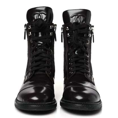 Chanel Shiny Calfskin Quilted CC Lace Up Combat Boots 38 Dark Burgundy 3 of 10