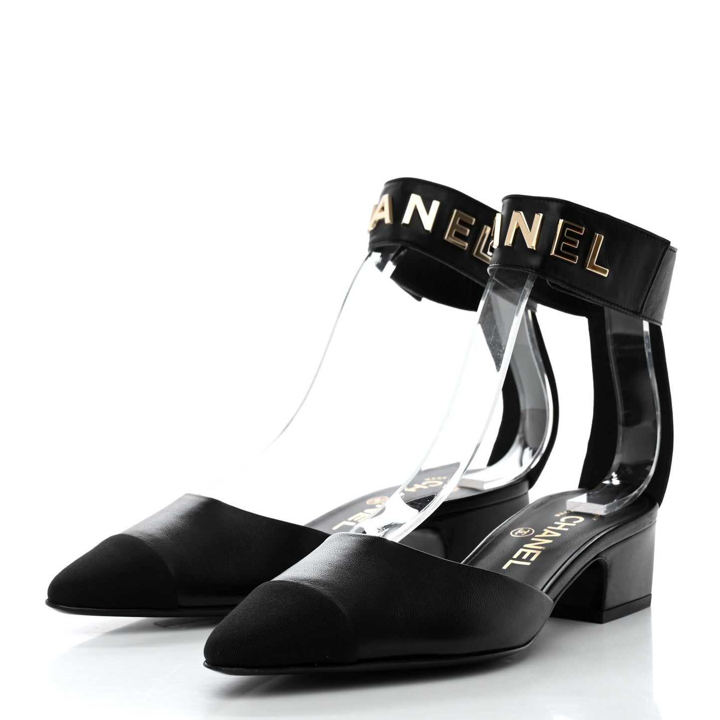 Lambskin Grosgrain Cap Toe Logo Ankle Strap Pumps 36.5 Black