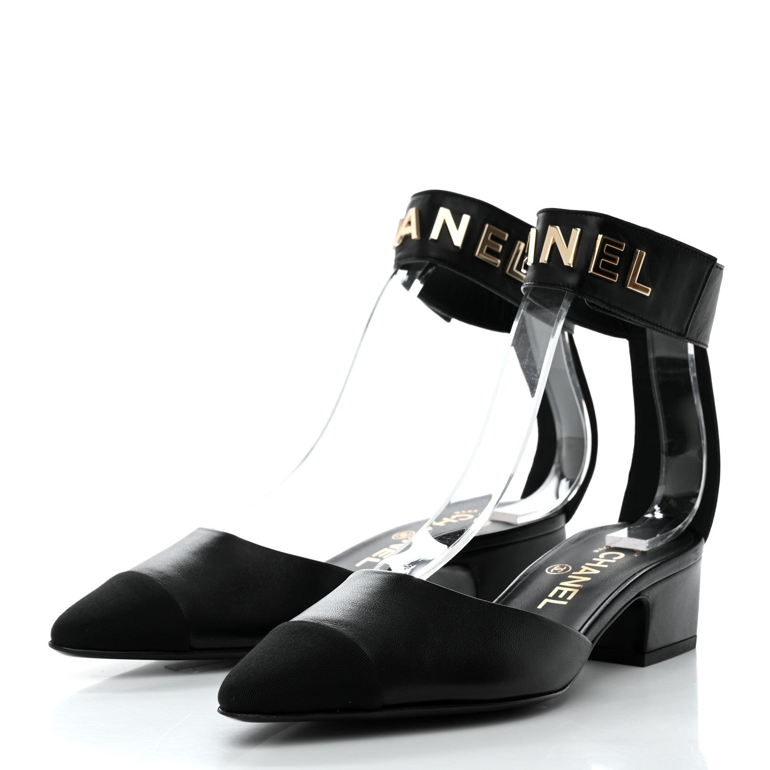 Chanel Lambskin Grosgrain Cap Toe Logo Ankle Strap Pumps 36.5 Black 3 of 9
