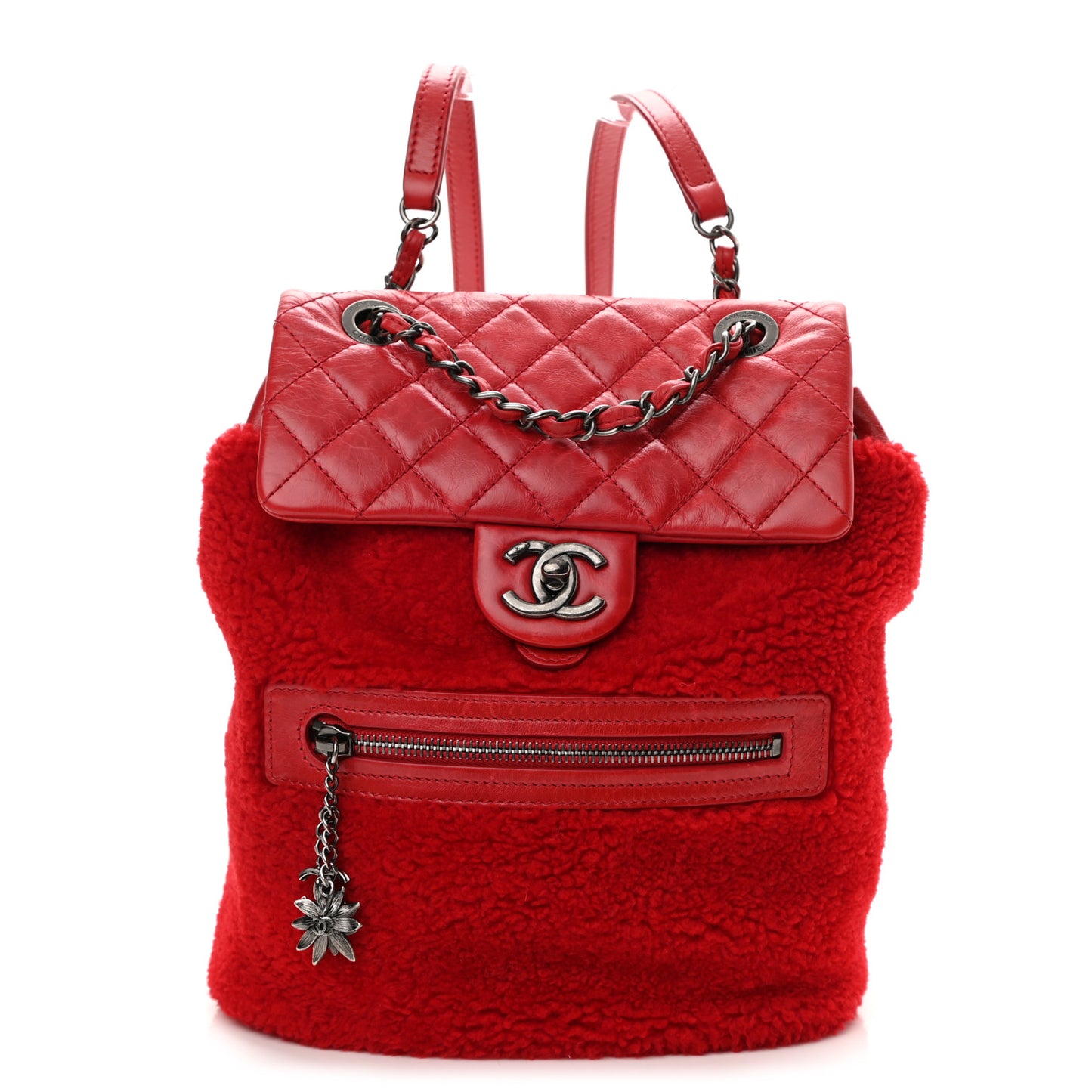 Glazed Calfskin Shearling Quilted Small Mountain Backpack Red