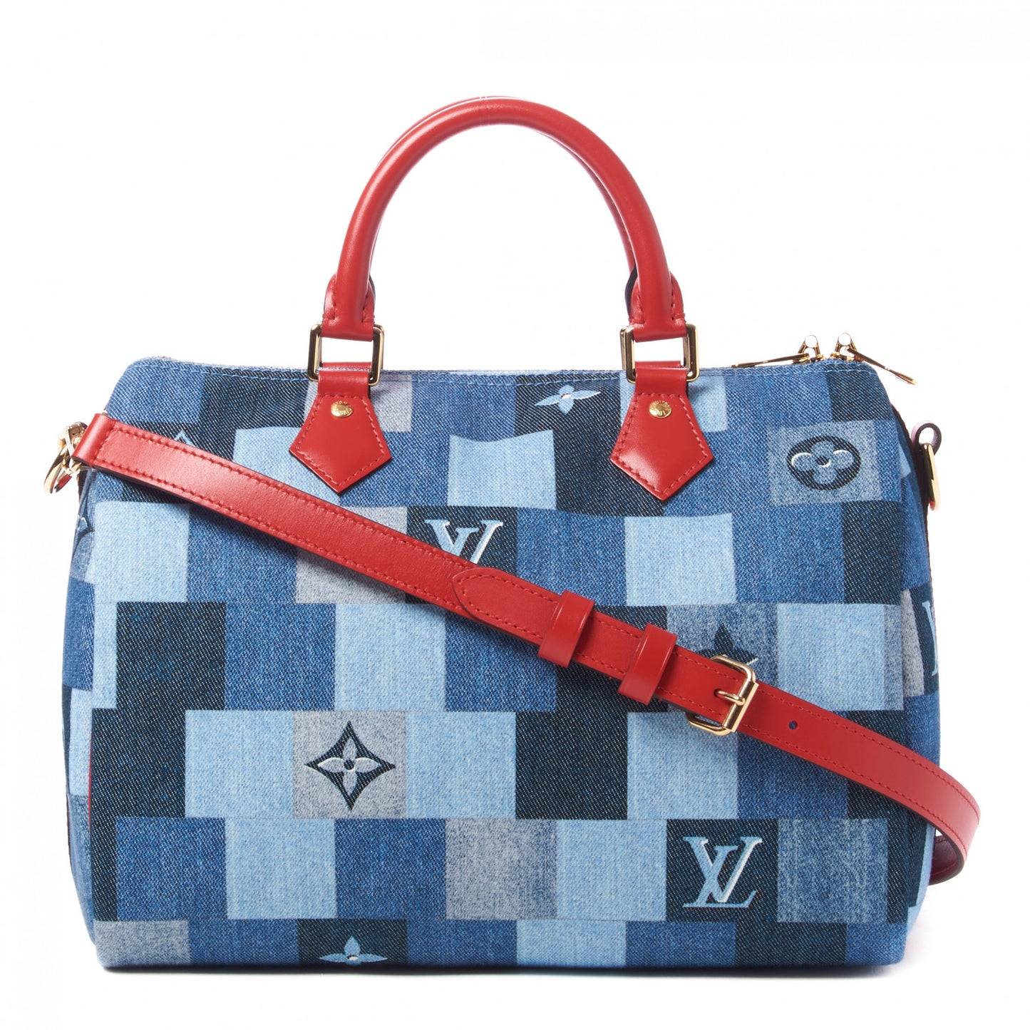 Denim Damier Monogram Patchwork Speedy Bandouliere 30 Blue Rouge