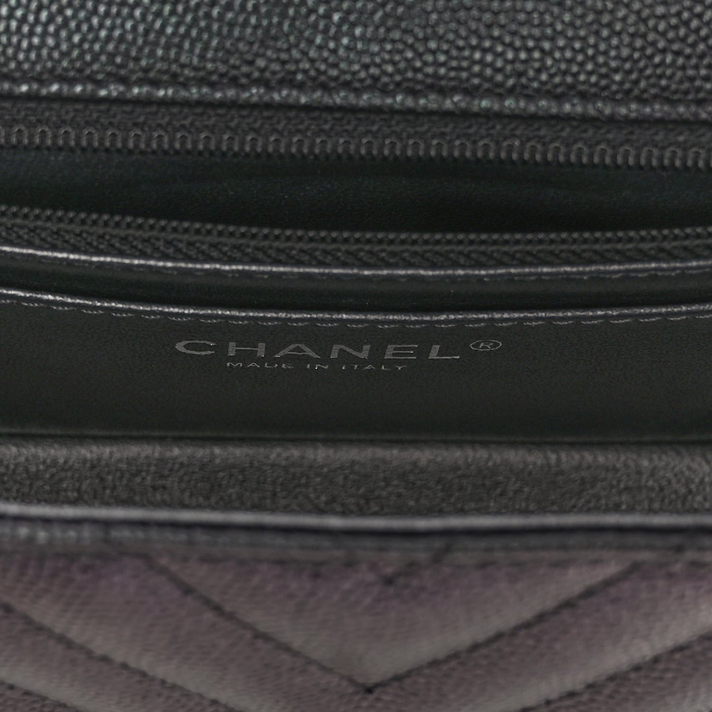 Iridescent Caviar Chevron Quilted Mini Rectangular Flap Black
