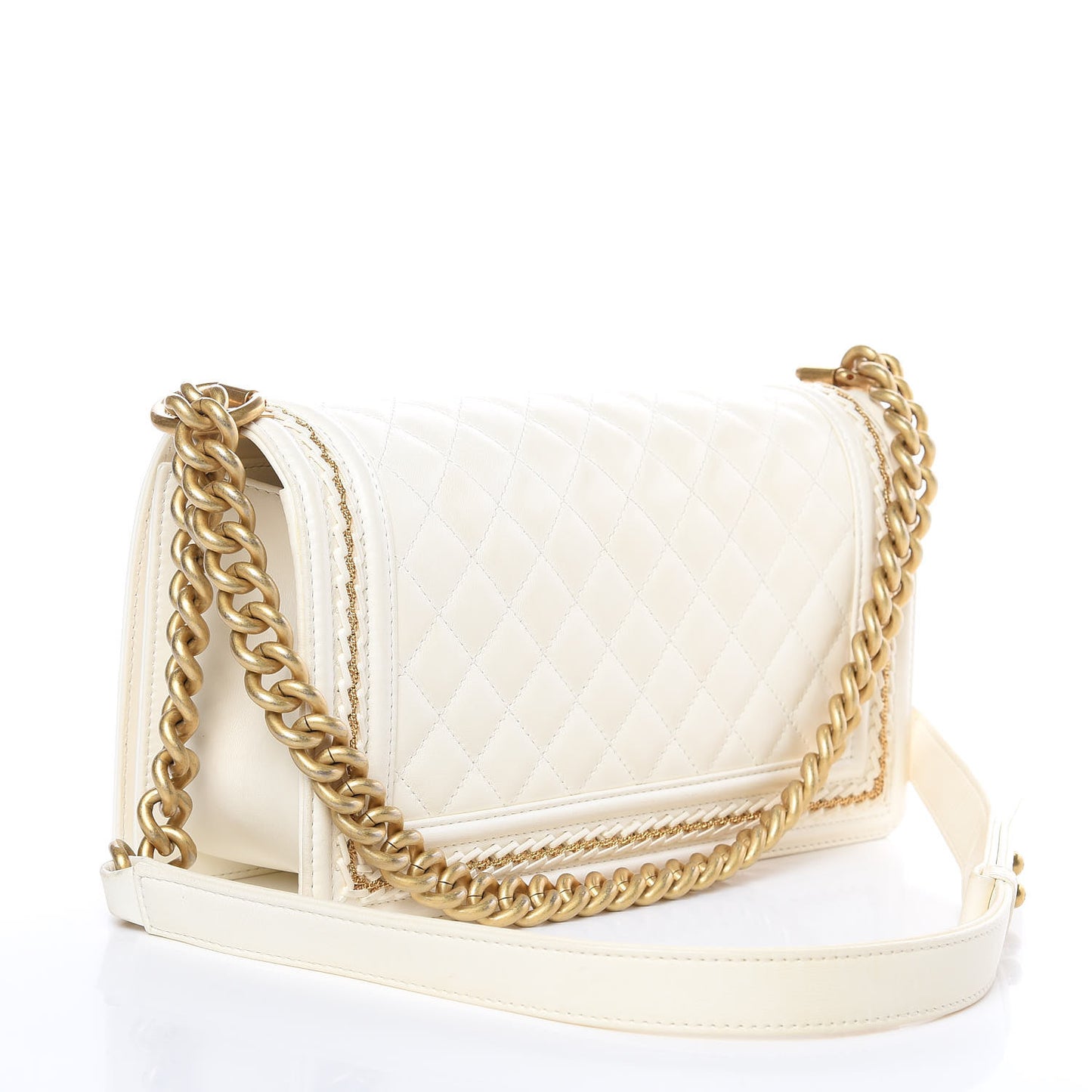Lambskin Quilted Medium Chain Detail Boy Flap White