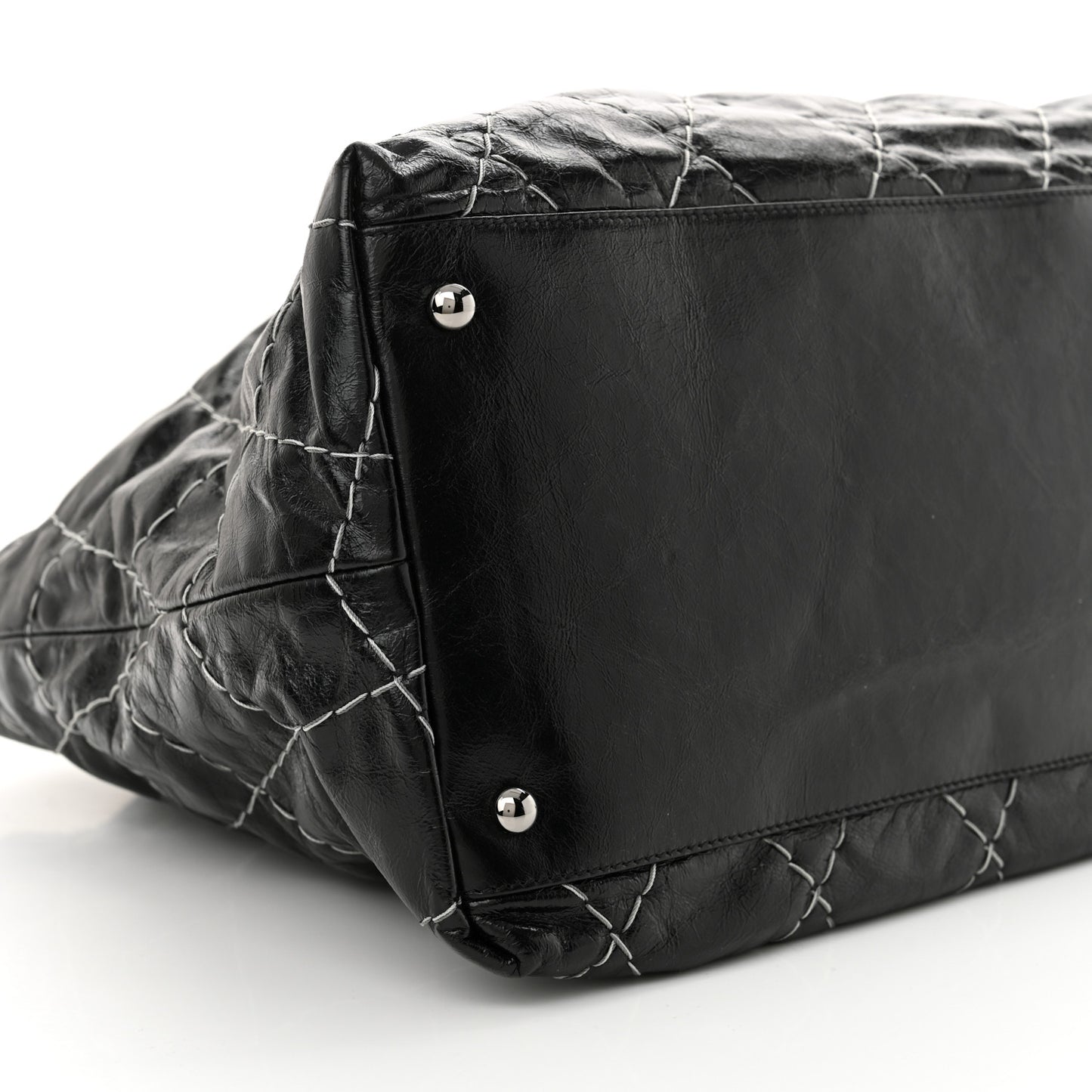Glazed Goatskin Double Contrast Stitch Tote Black Black Black