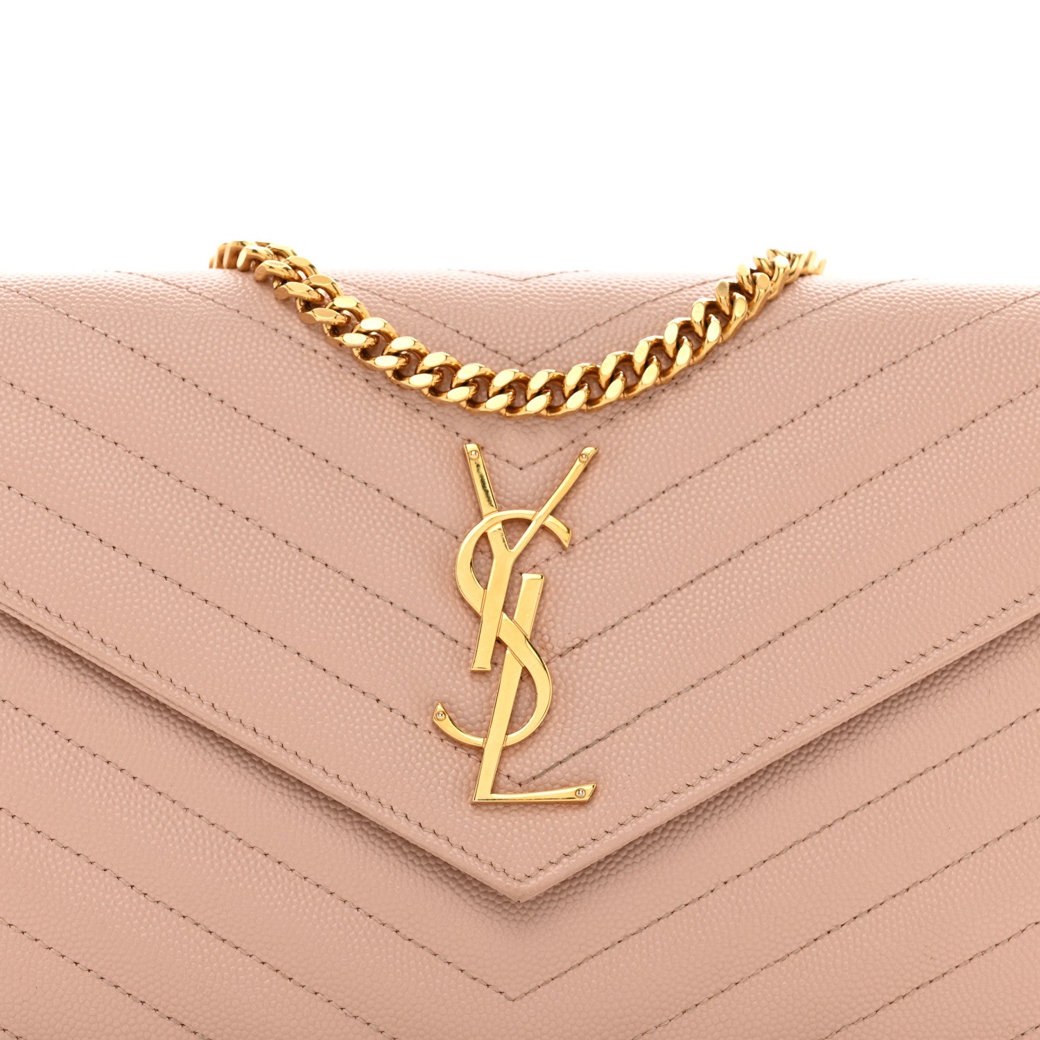 Saint Laurent Grain De Poudre Matelasse Chevron Monogram Chain Wallet Pale Pink 6 of 12