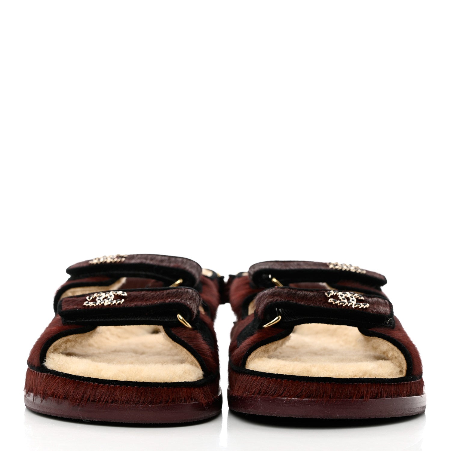 Chanel Calf Hair Suede Shearling Dad Sandals 40 Burgundy Black 2 of 9