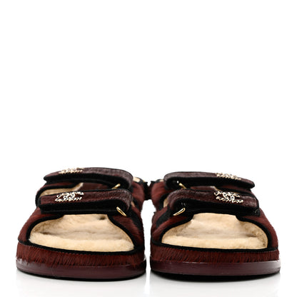 Chanel Calf Hair Suede Shearling Dad Sandals 40 Burgundy Black 2 of 9