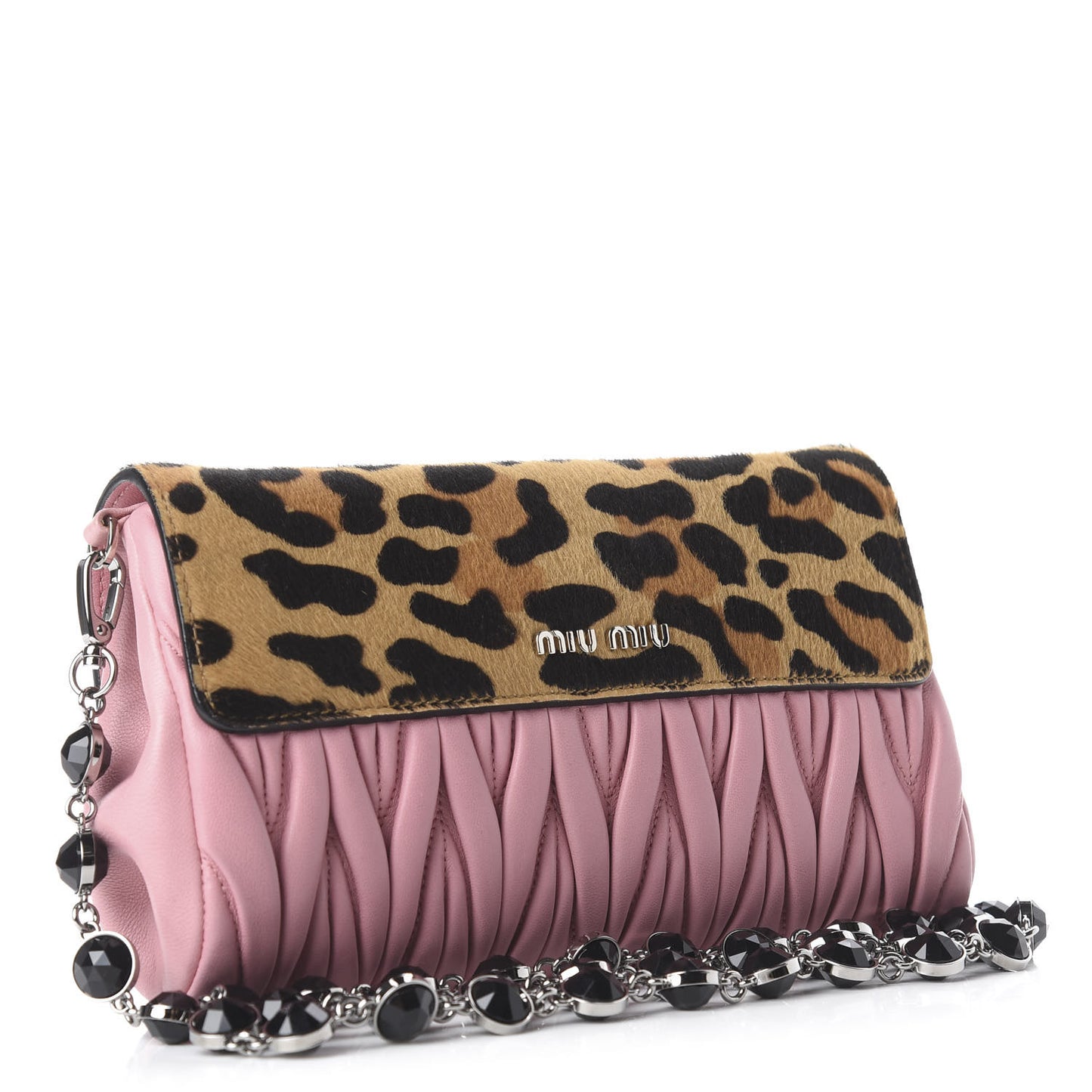 Cavallino Calf Hair Leopard Print Nappa Matelasse Crystal Chain Shoulder Bag Rosa Miele