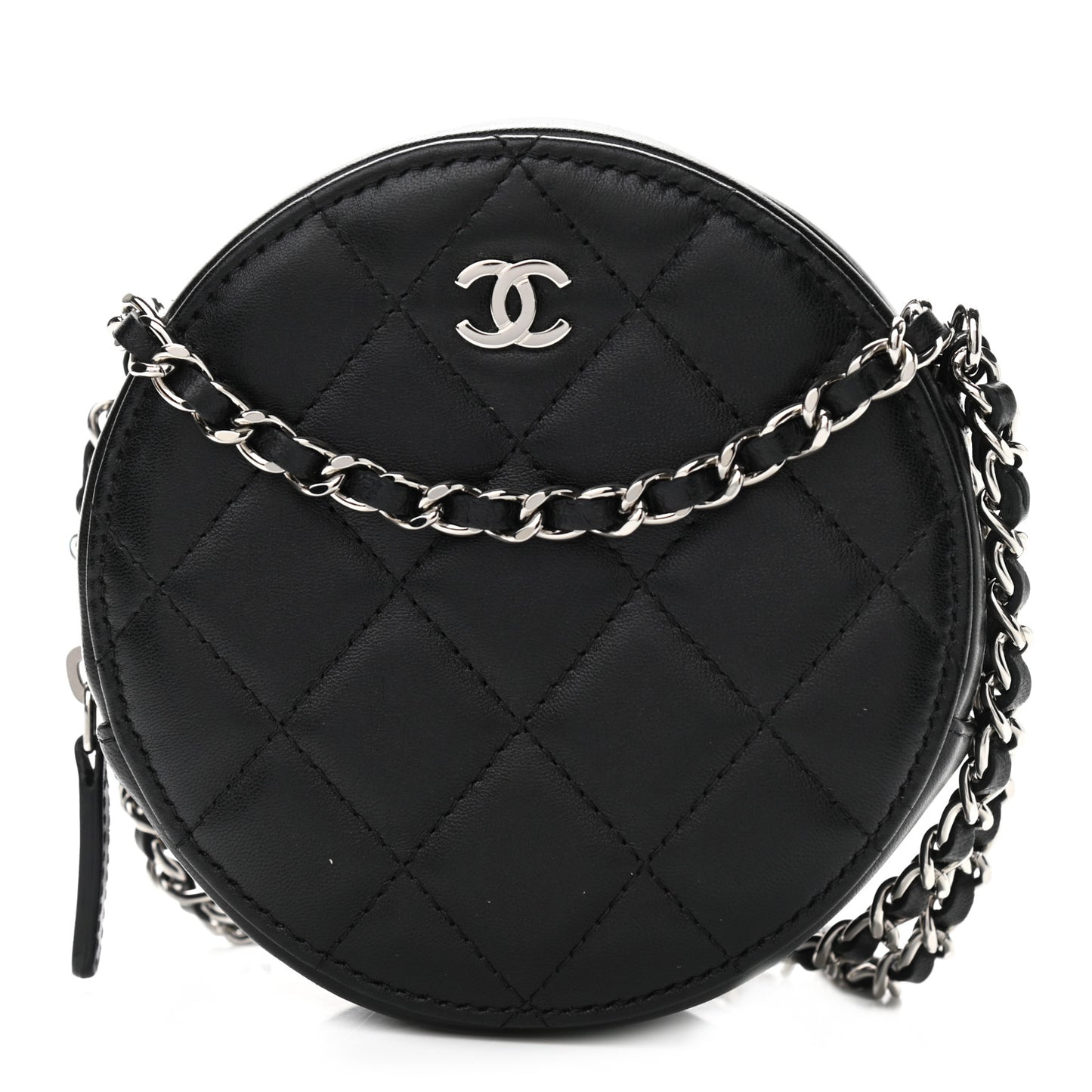 Lambskin Quilted Round Clutch With Chain Black