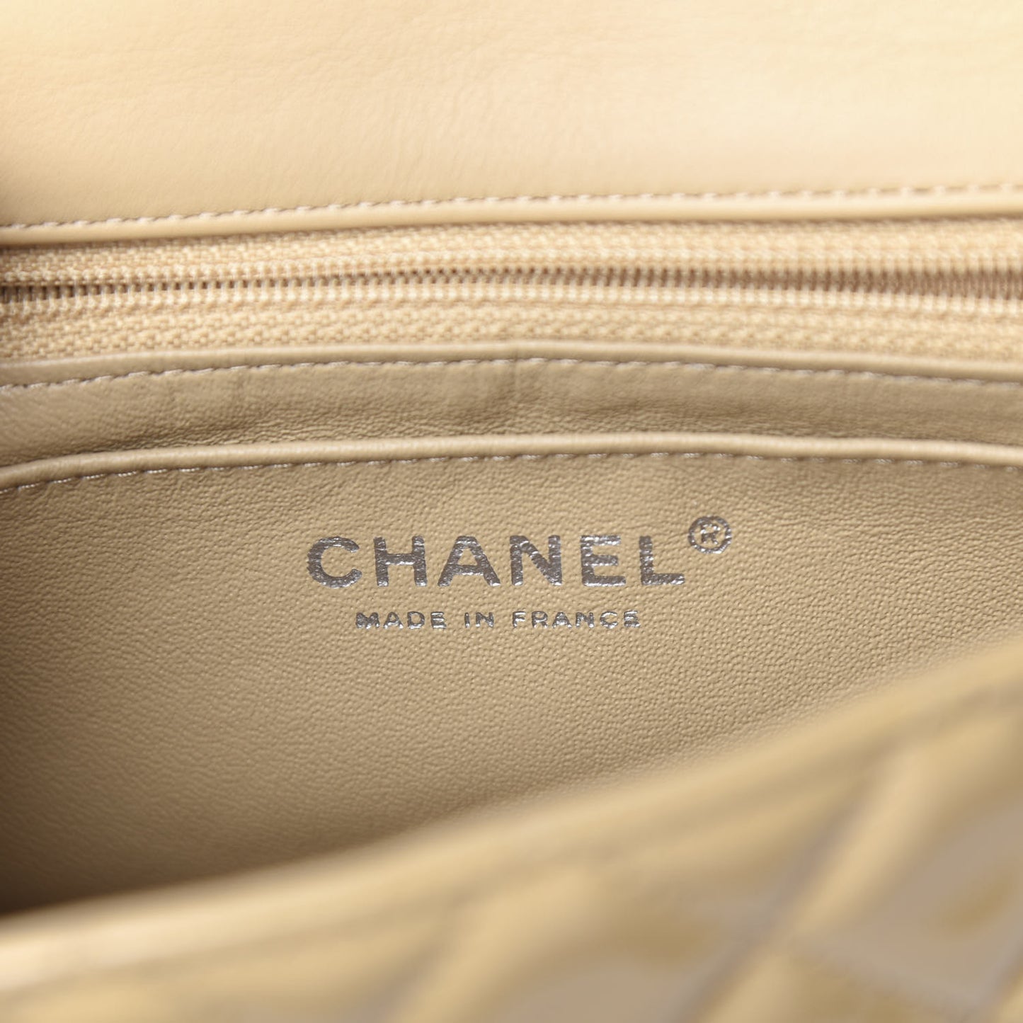 Patent Calfskin Quilted Mini Rectangular Flap Beige