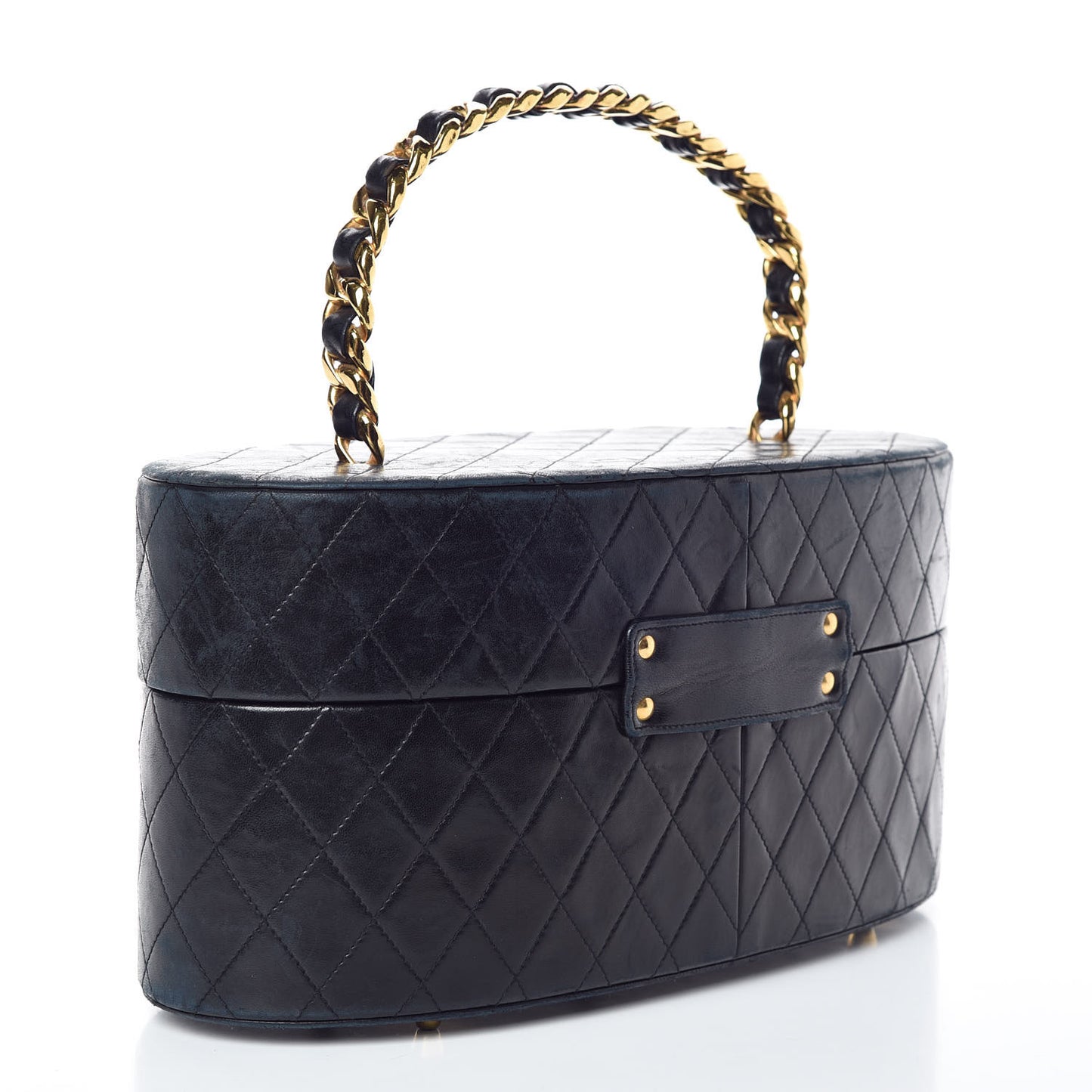 Lambskin Quilted Oval Vanity Train Case Navy