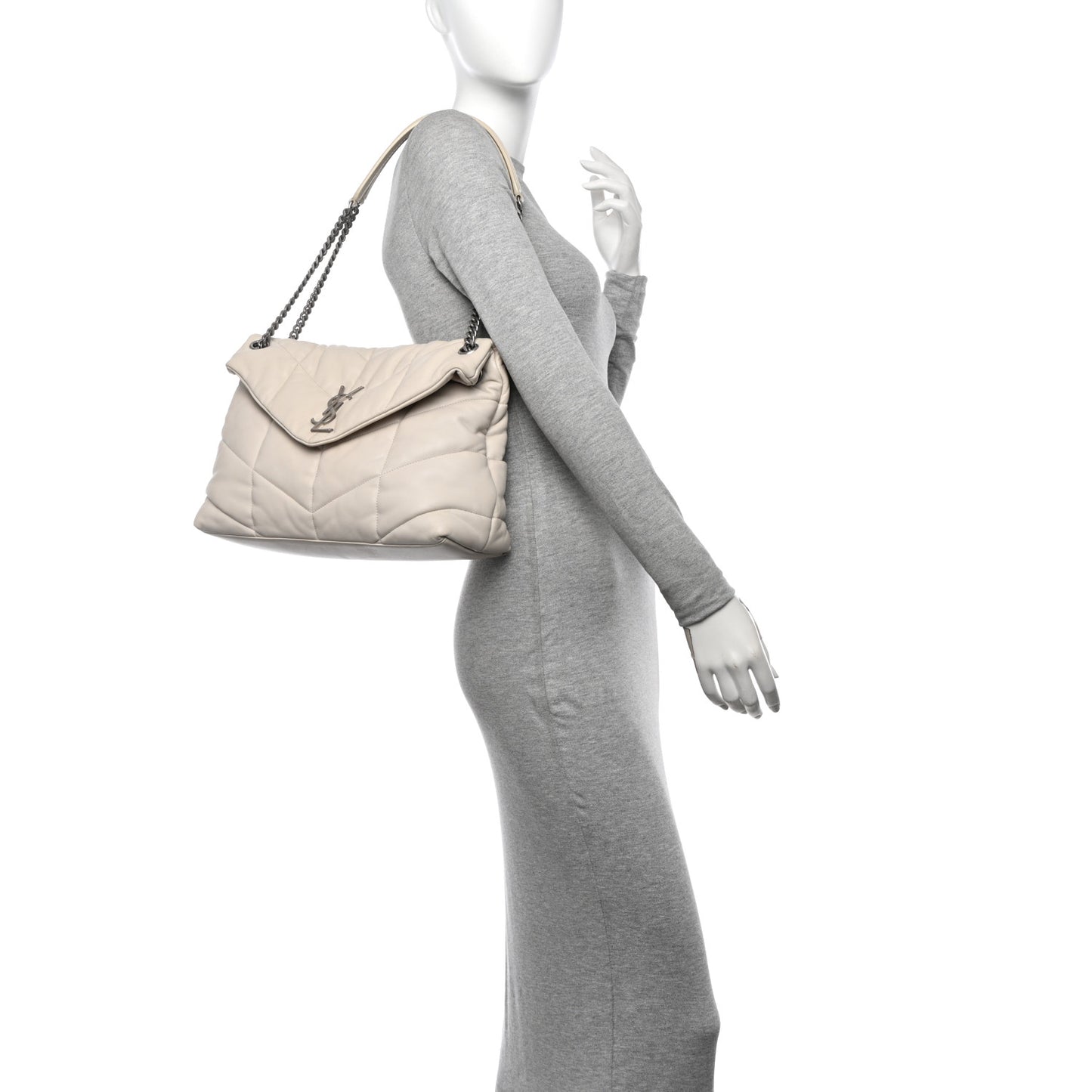 Lambskin Quilted Medium Loulou Puffer Monogram Chain Satchel Crema Soft