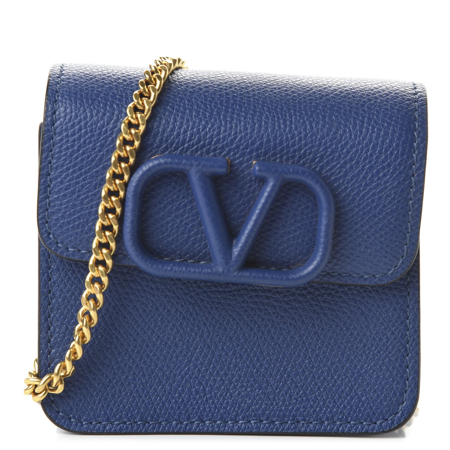 Grainy Calfskin VLogo Compact Wallet with Chain Blue
