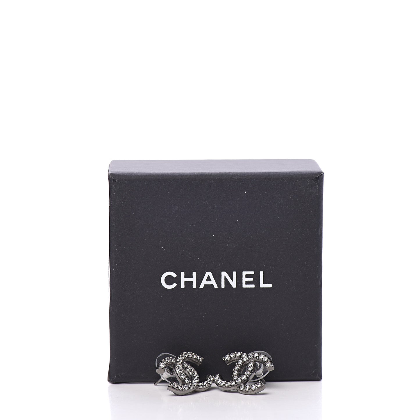 Metal Crystal CC Lock Symbols Stud Earrings Ruthenium