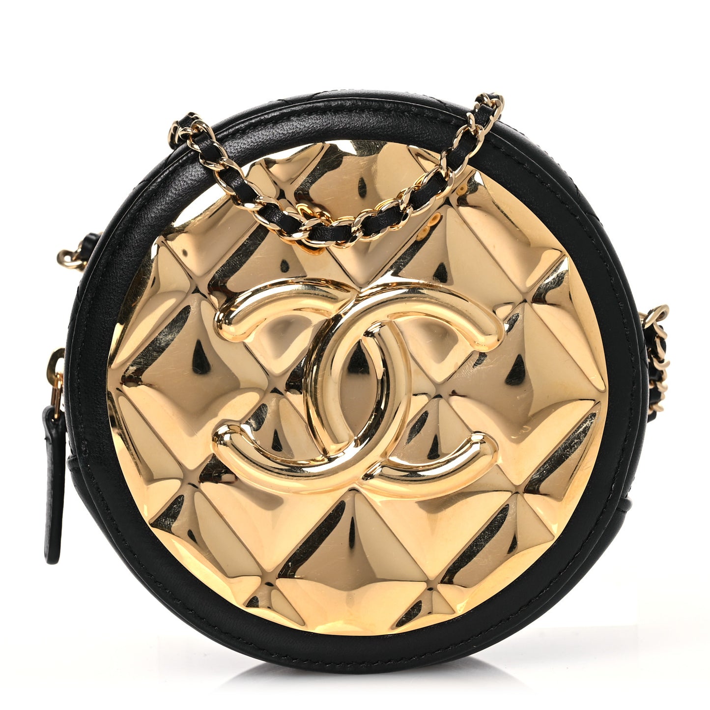 Lambskin Quilted Golden Plate Round Clutch With Chain Black