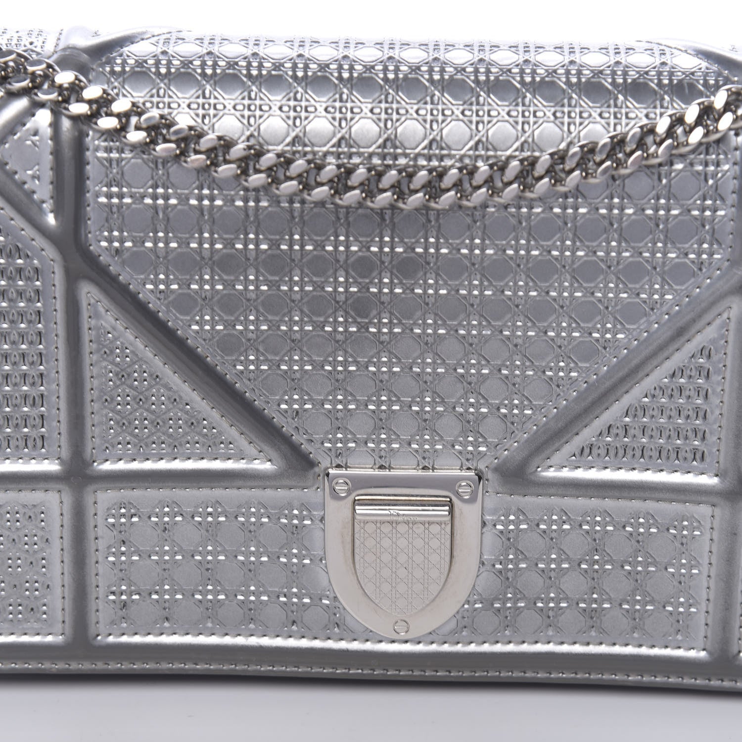 Christian Dior Metallic Patent Micro-Cannage Diorama Wallet on Chain Pouch Silver 15 of 16