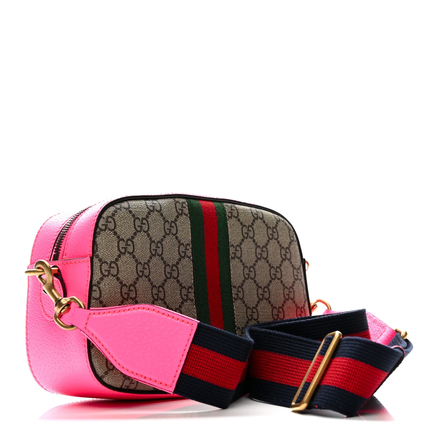 GG Supreme Monogram Textured Dollar Calfskin Web Ophidia Small Crossbody Bag Beige Ebony Fuchsia