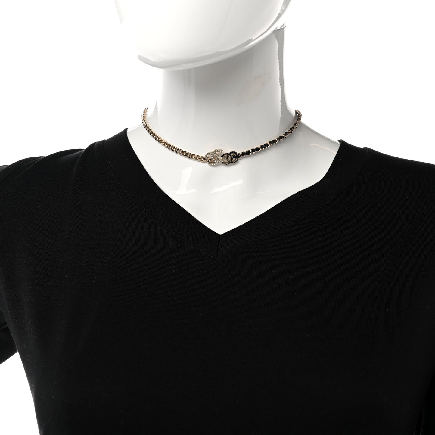 Metal Calfskin Crystal Double CC Short Necklace Black Gold