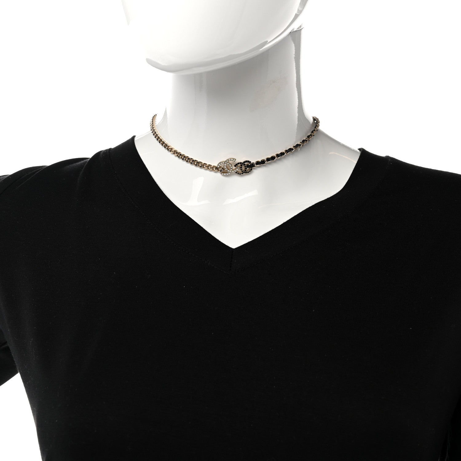 Chanel Metal Calfskin Crystal Double CC Short Necklace Black Gold 2 of 7