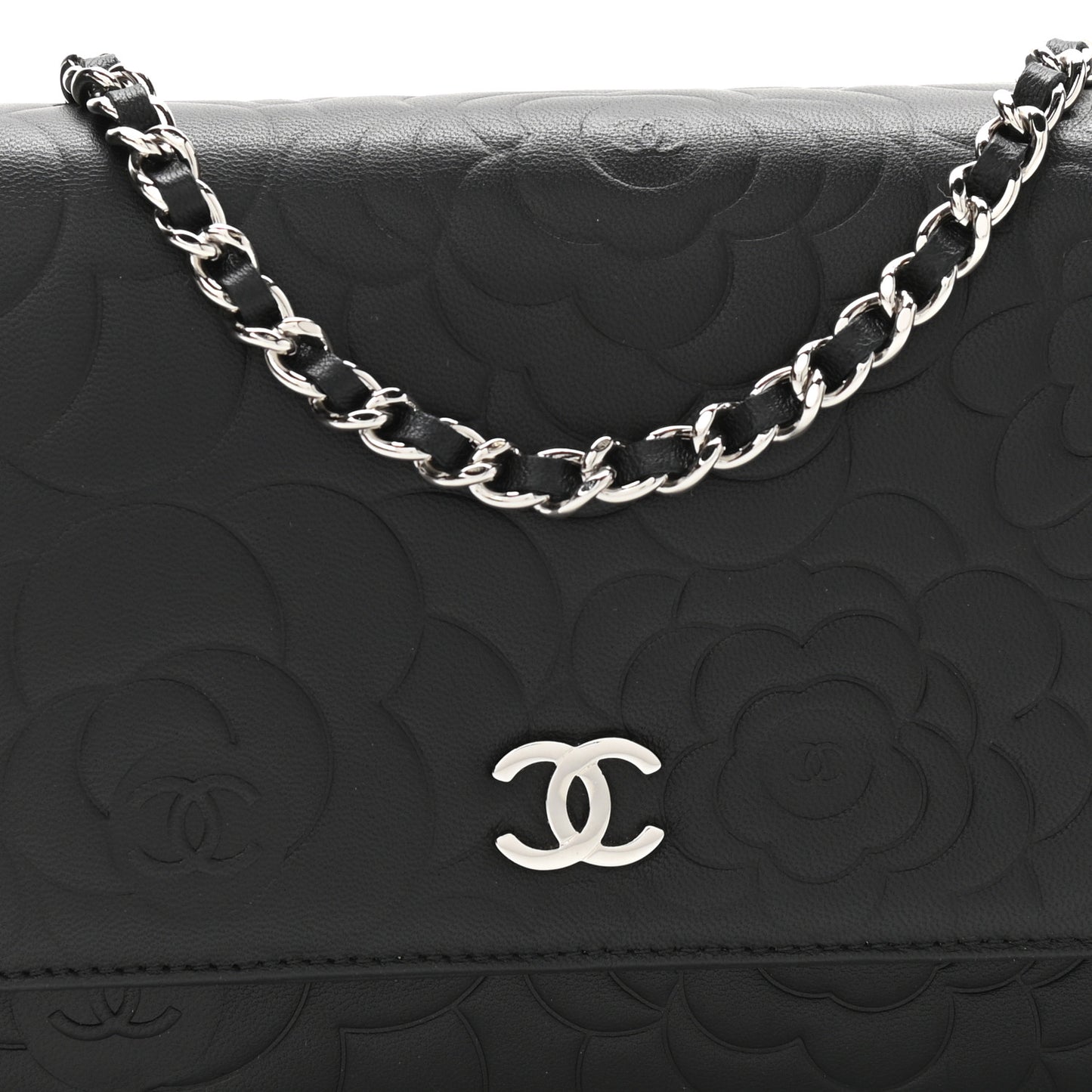 Lambskin Camellia Embossed Wallet on Chain WOC Black