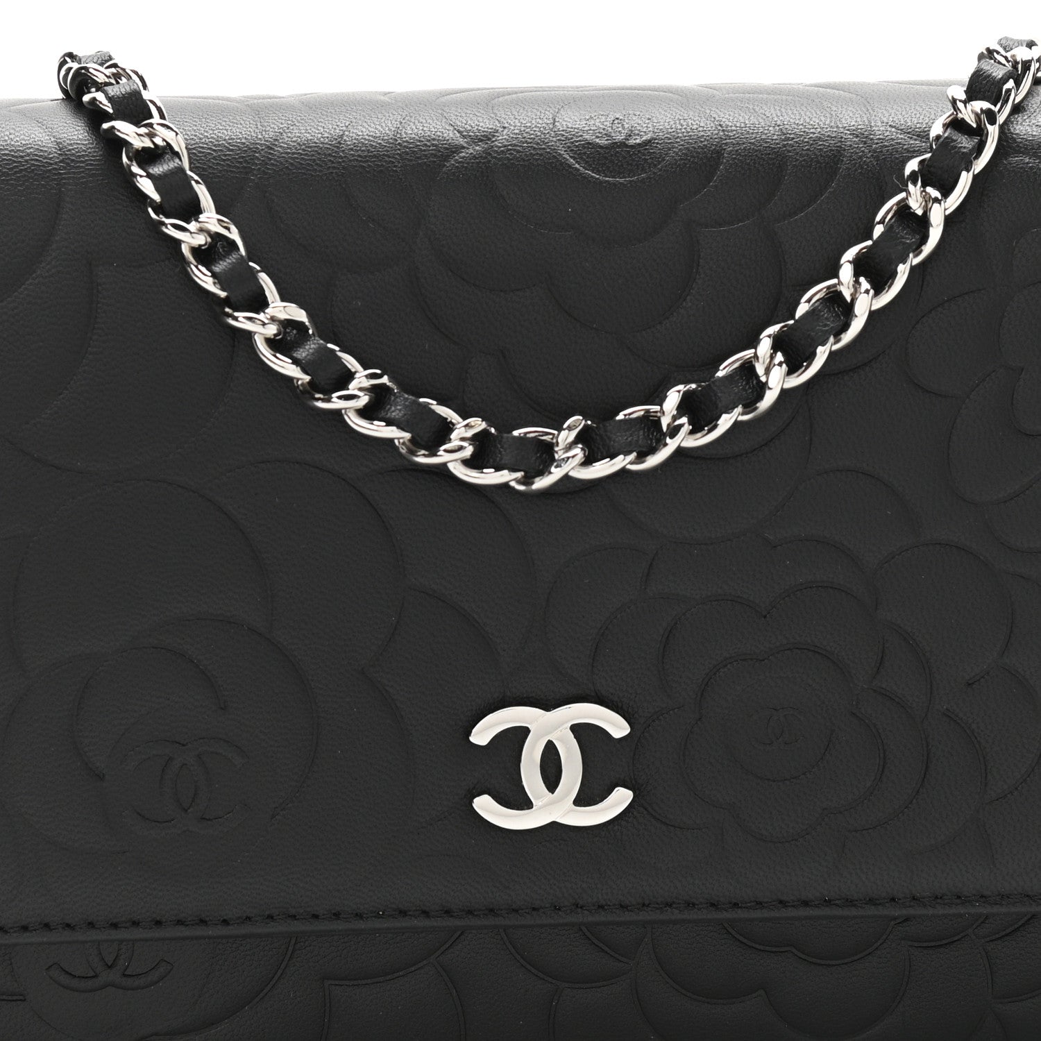 Chanel Lambskin Camellia Embossed Wallet on Chain WOC Black 8 of 12