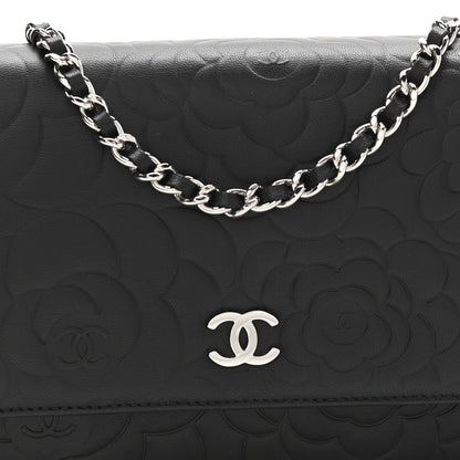 Chanel Lambskin Camellia Embossed Wallet on Chain WOC Black 8 of 12